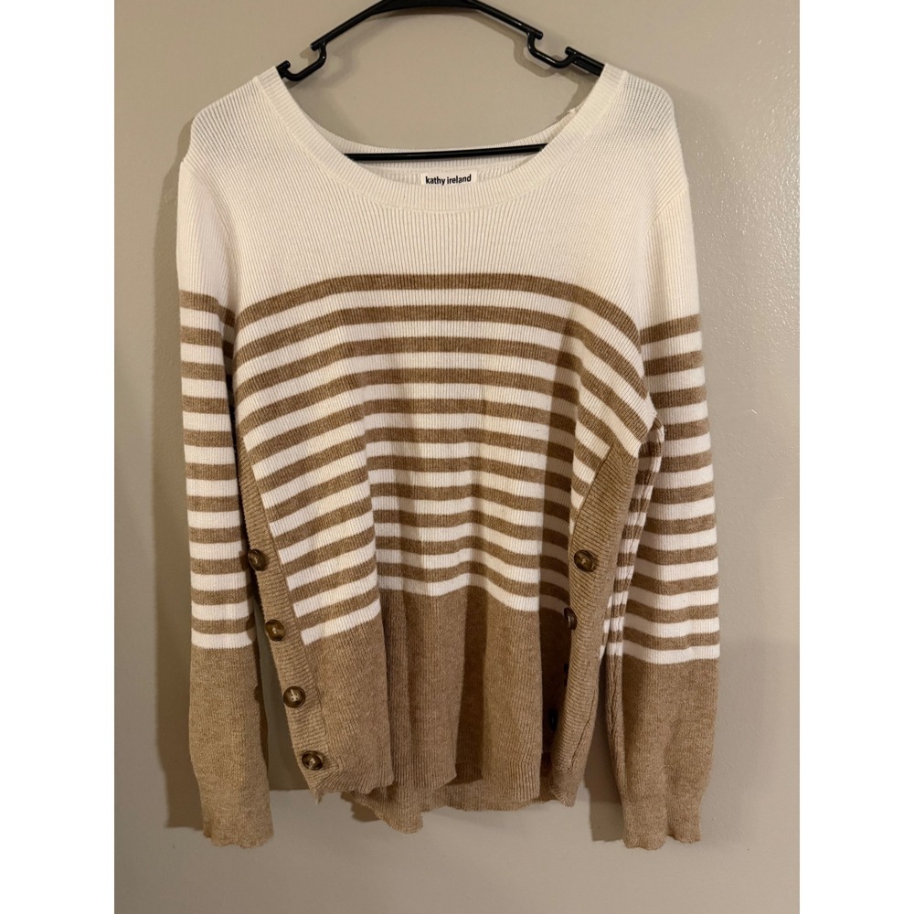 Kathy Ireland Women Tan Cream Striped Button Side Long Sleeve Knit Sweater Large
